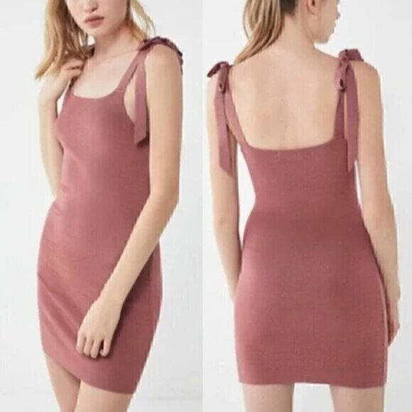 URBAN OUTFITTERS Rose Marie Tie Shoulder Mini Dress Mauve Ribbed Sweater Bodycon - Picture 1 of 16